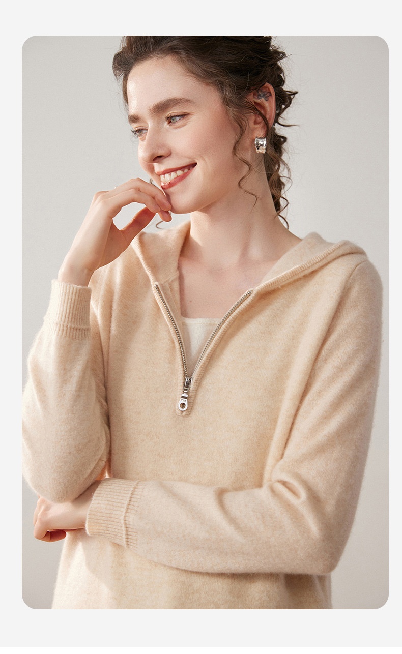 Women's Half-Zip Hooded Knit Sweater with Layered Hem