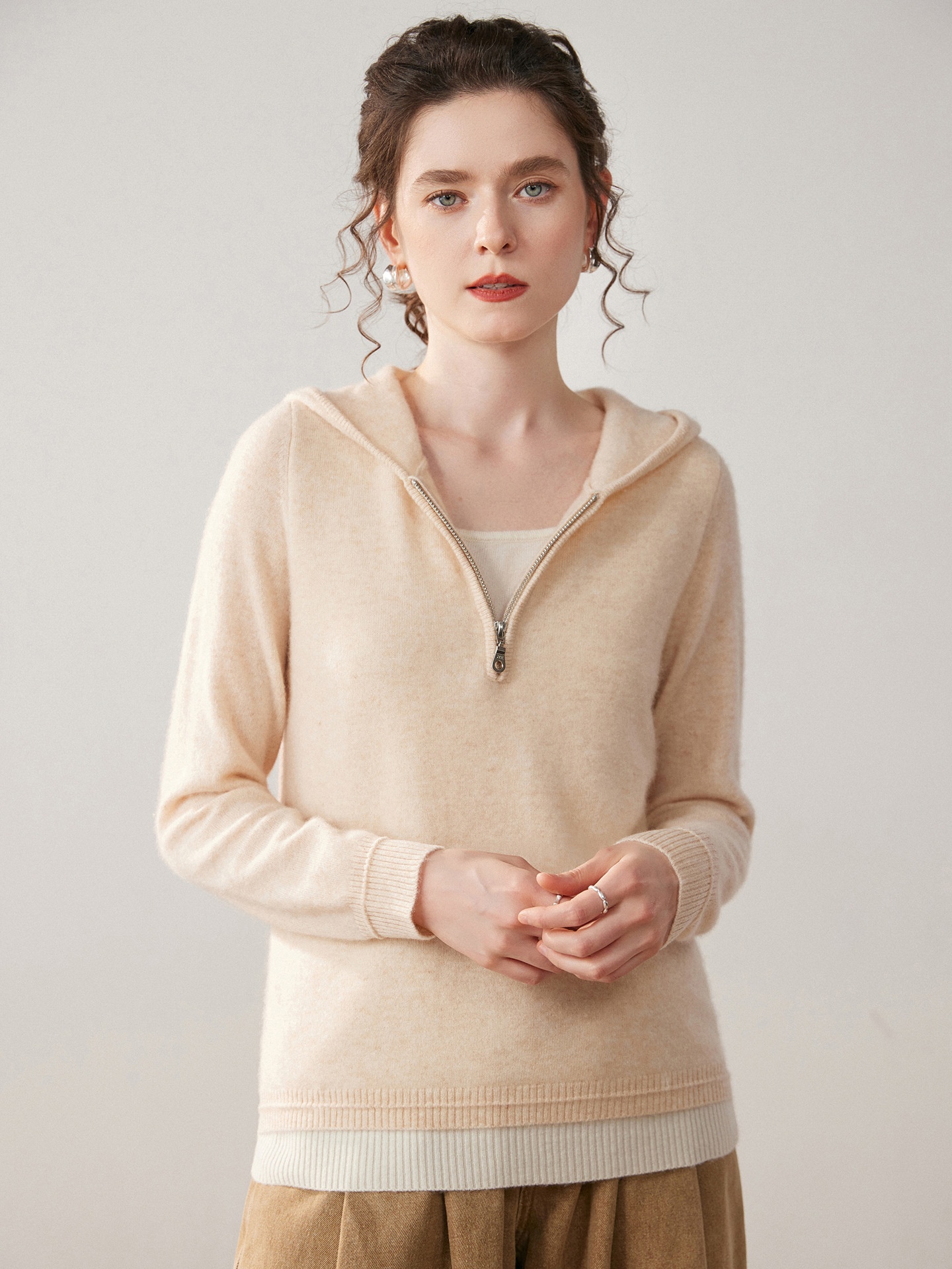 Women's Half-Zip Hooded Knit Sweater with Layered Hem