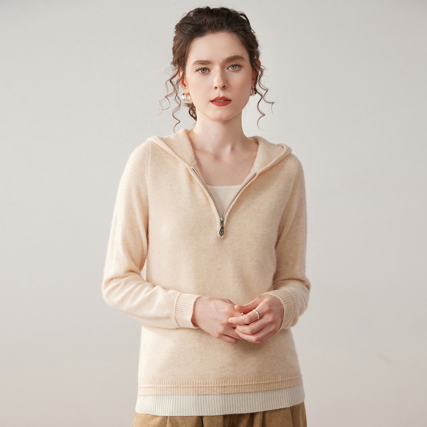Women's Half-Zip Hooded Knit Sweater with Layered Hem
