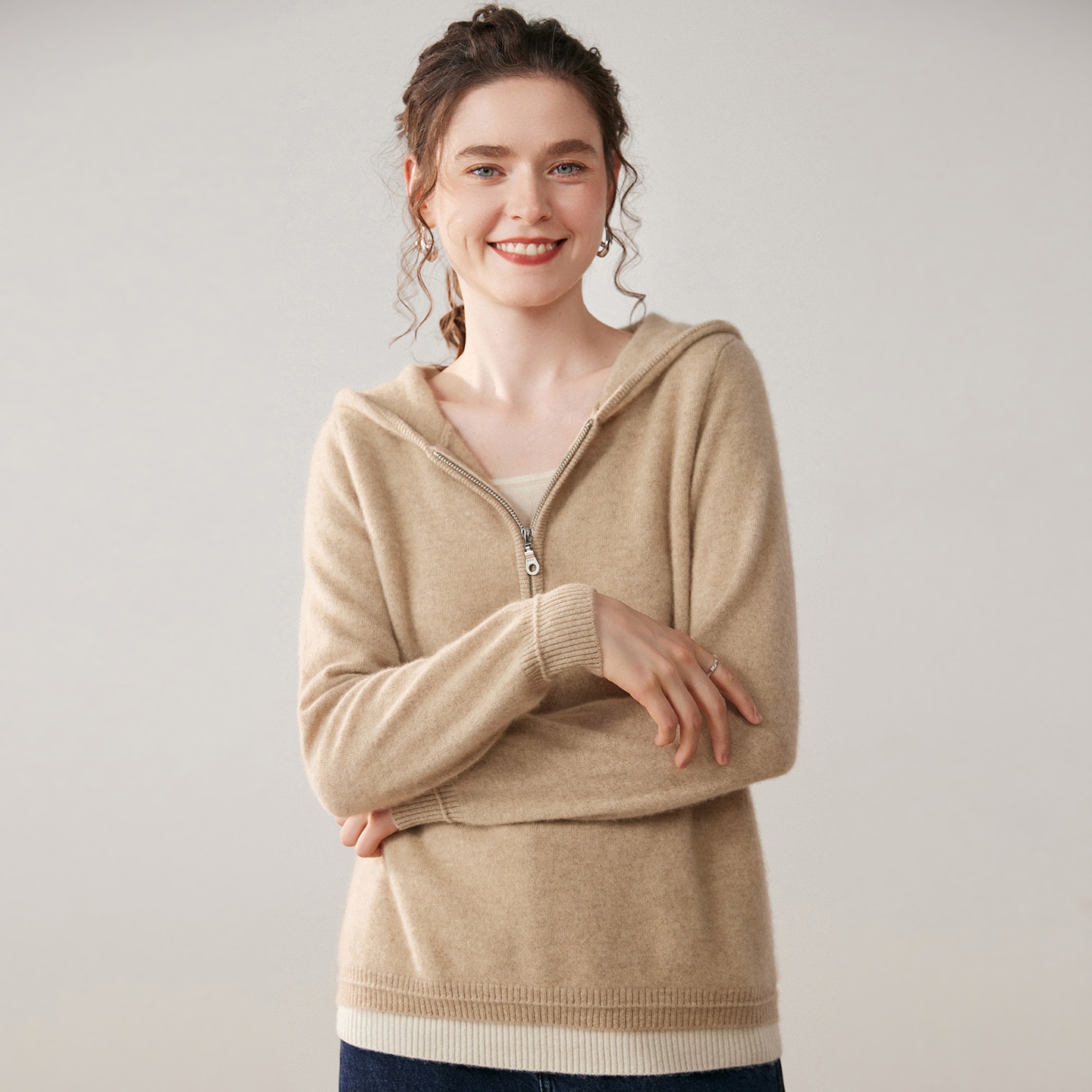 Women's Half-Zip Hooded Knit Sweater with Layered Hem
