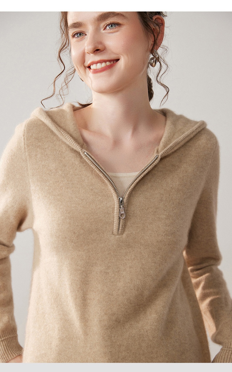 Women's Half-Zip Hooded Knit Sweater with Layered Hem