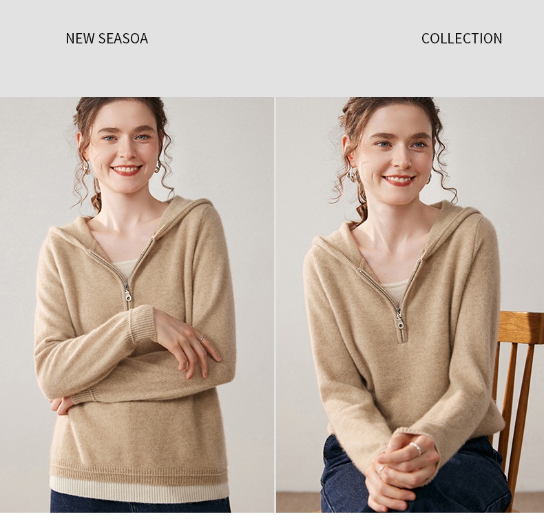 Women's Half-Zip Hooded Knit Sweater with Layered Hem
