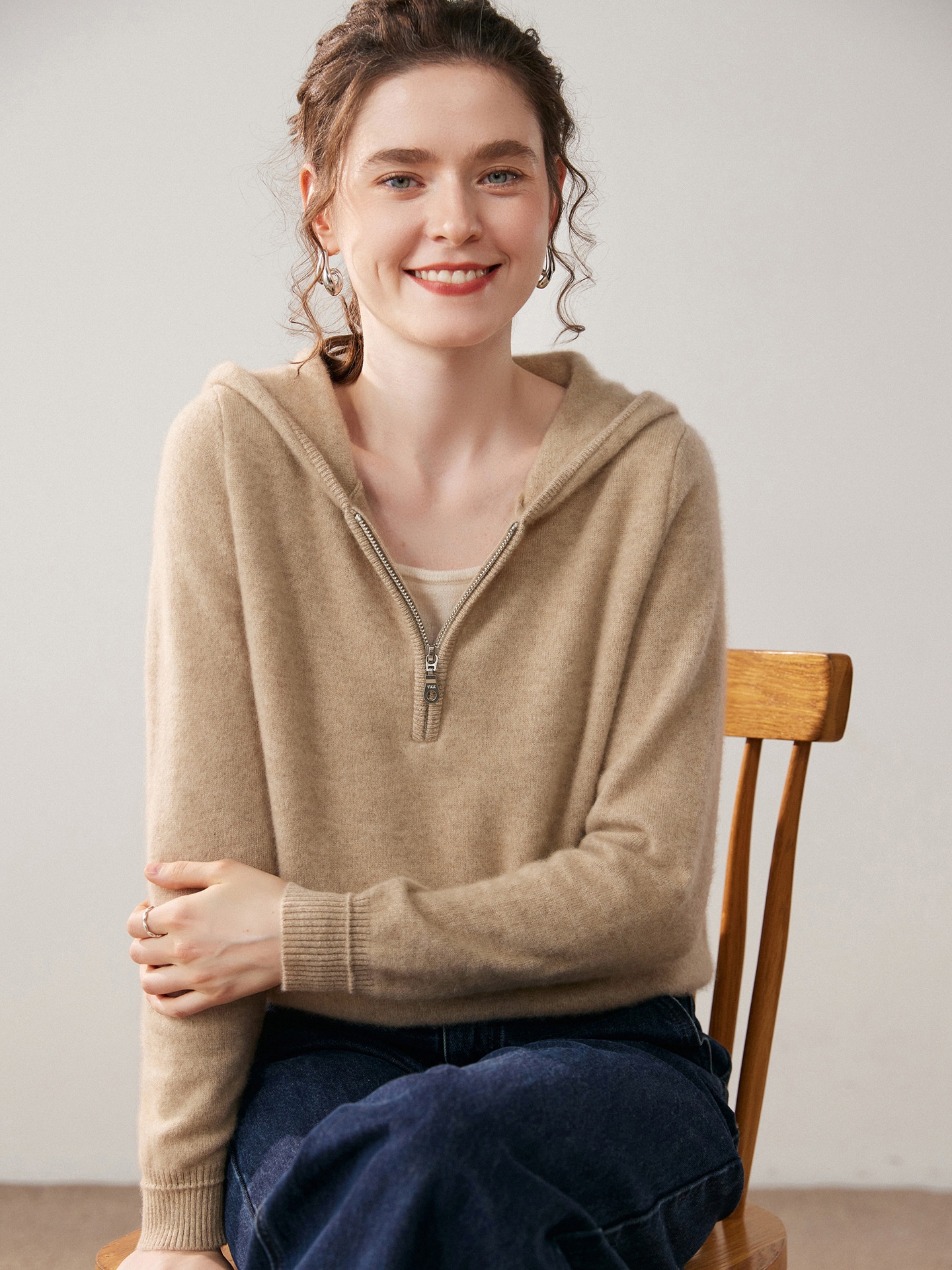 Women's Half-Zip Hooded Knit Sweater with Layered Hem