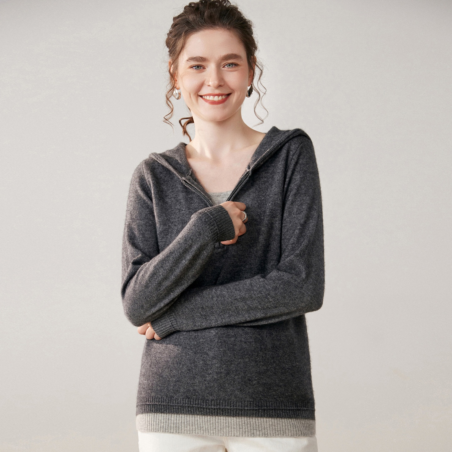 Women's Half-Zip Hooded Knit Sweater with Layered Hem