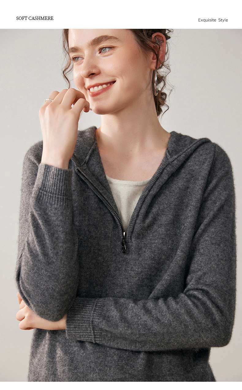 Women's Half-Zip Hooded Knit Sweater with Layered Hem