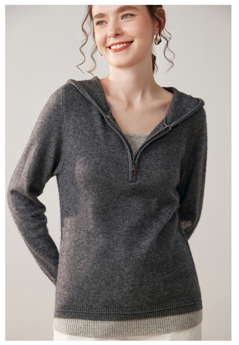 Women's Half-Zip Hooded Knit Sweater with Layered Hem