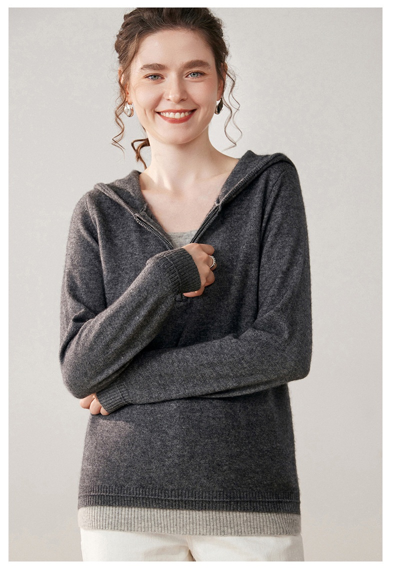Women's Half-Zip Hooded Knit Sweater with Layered Hem