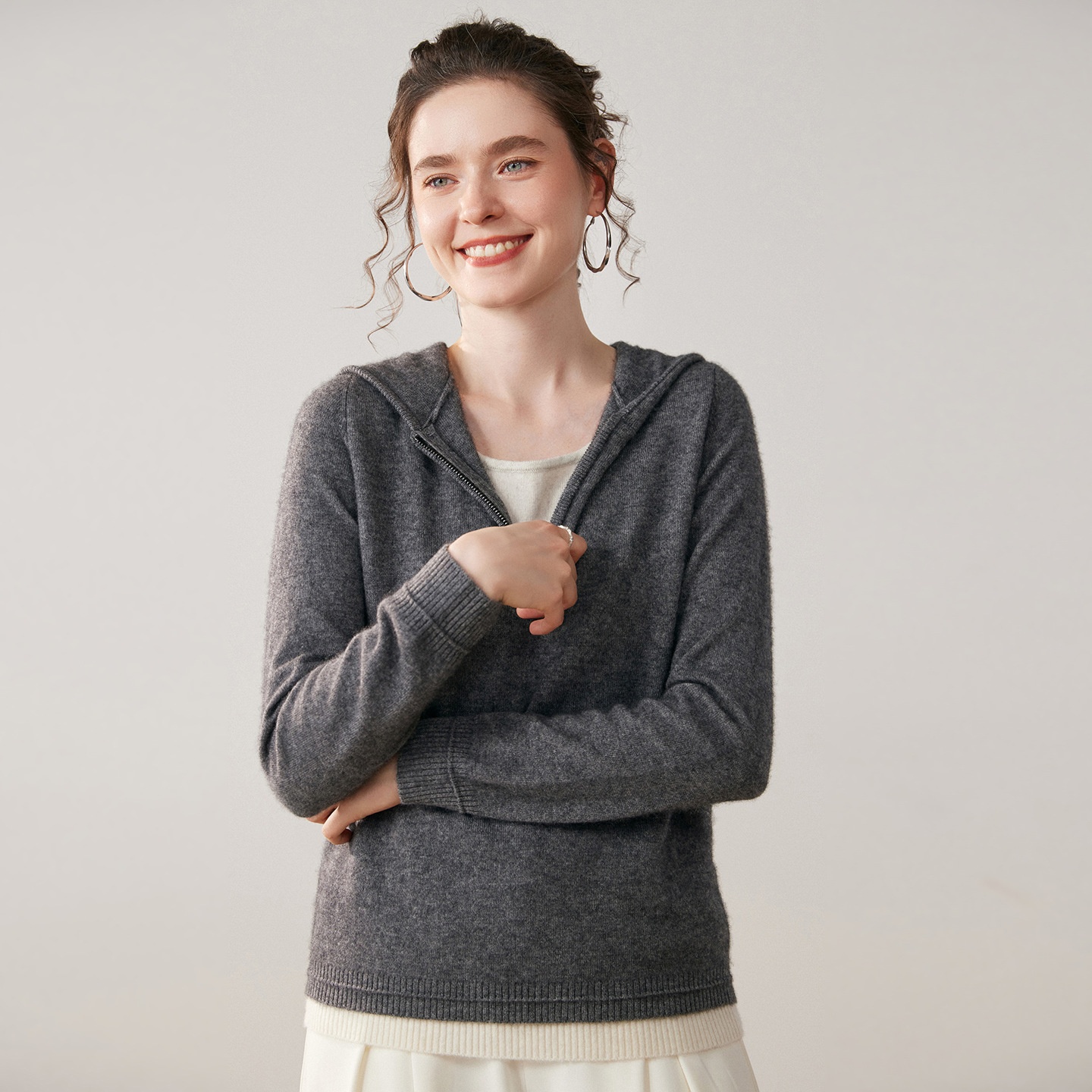 Women's Half-Zip Hooded Knit Sweater with Layered Hem