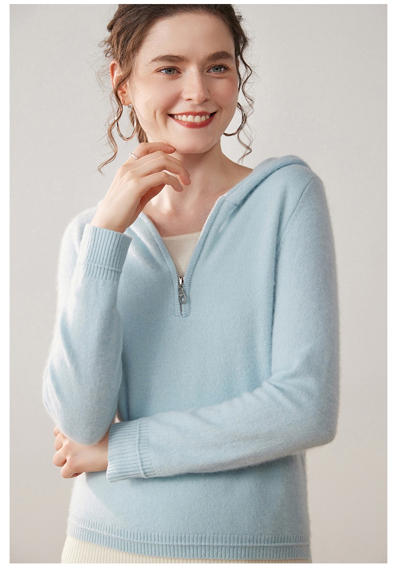 Women's Half-Zip Hooded Knit Sweater with Layered Hem