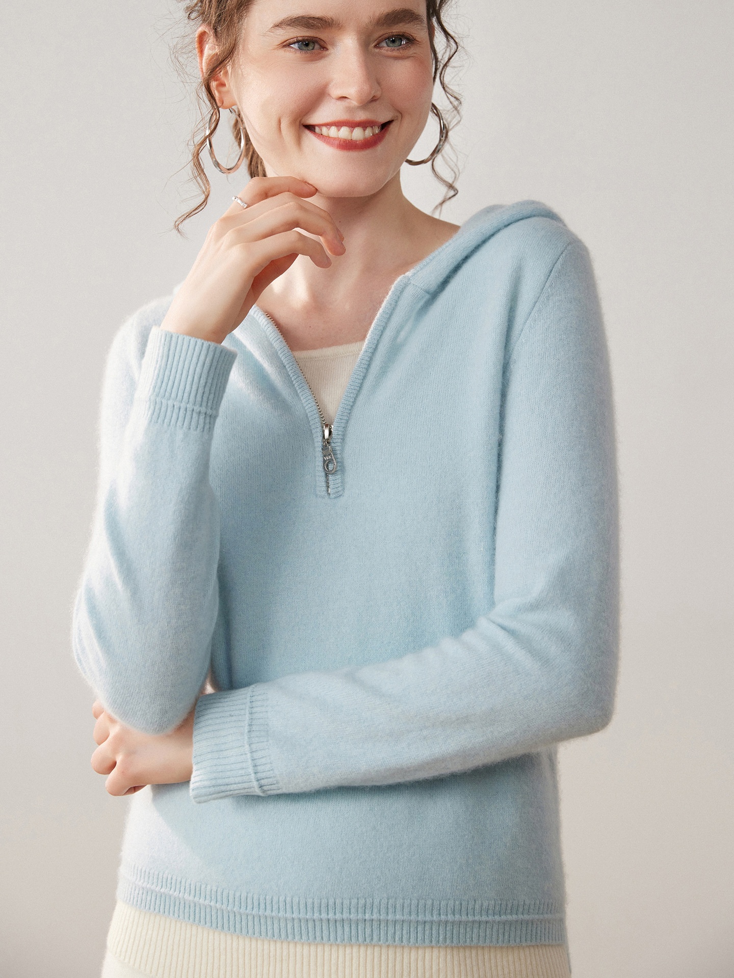 Women's Half-Zip Hooded Knit Sweater with Layered Hem