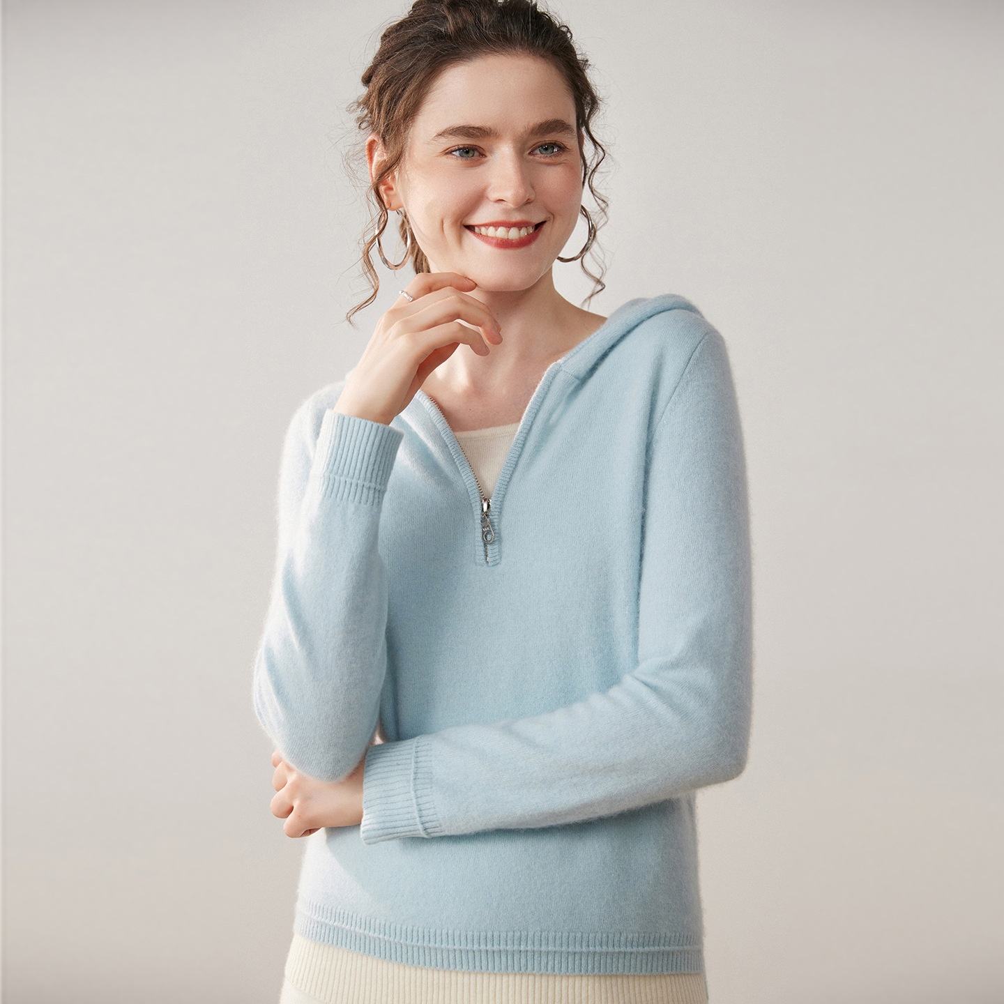 Women's Half-Zip Hooded Knit Sweater with Layered Hem