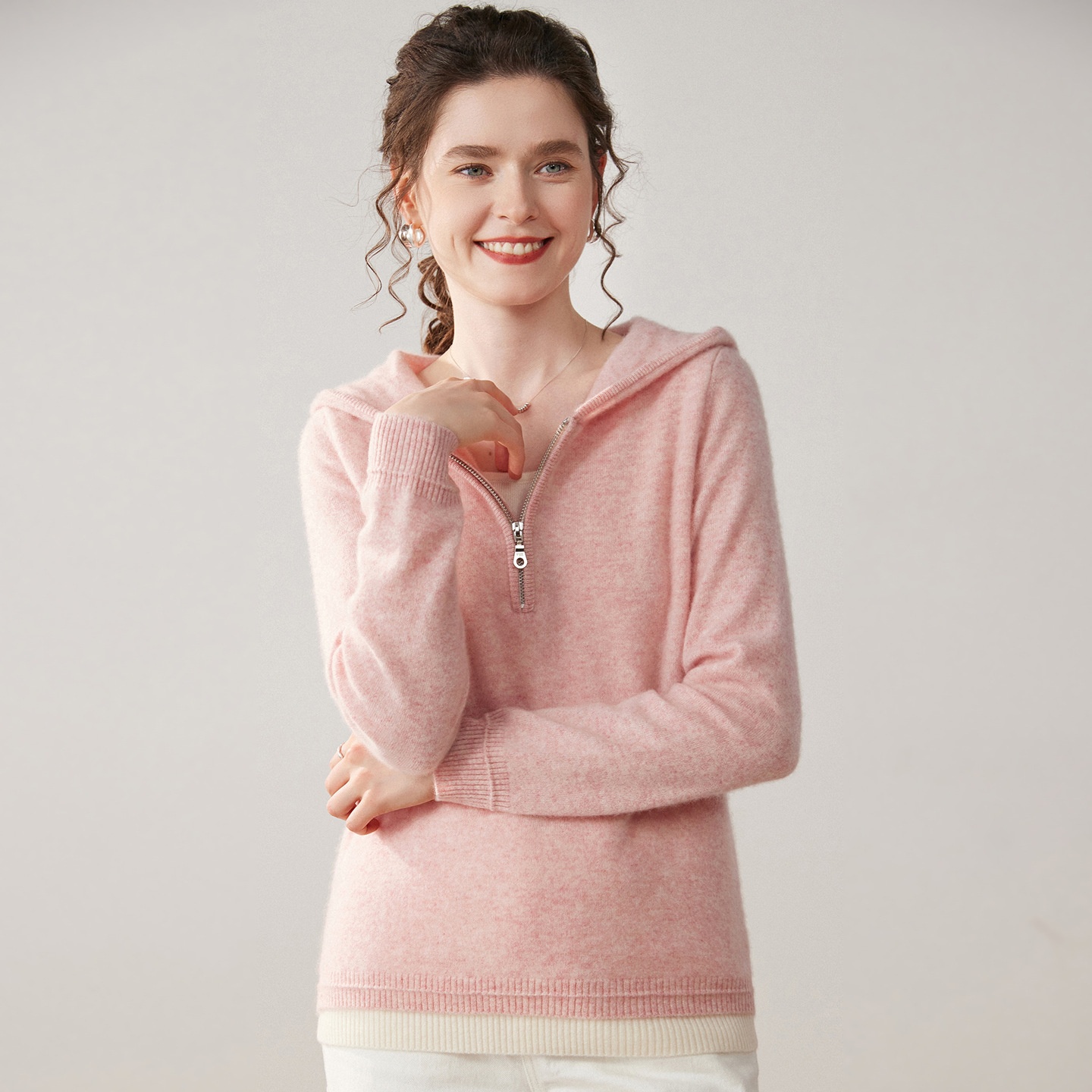 Women's Half-Zip Hooded Knit Sweater with Layered Hem