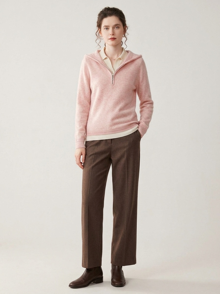 Women's Half-Zip Hooded Knit Sweater with Layered Hem