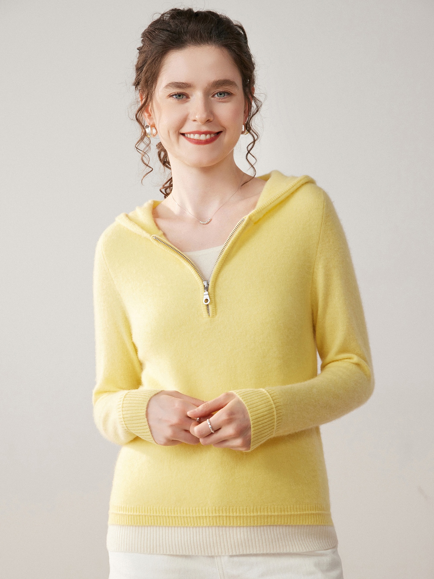 Women's Half-Zip Hooded Knit Sweater with Layered Hem
