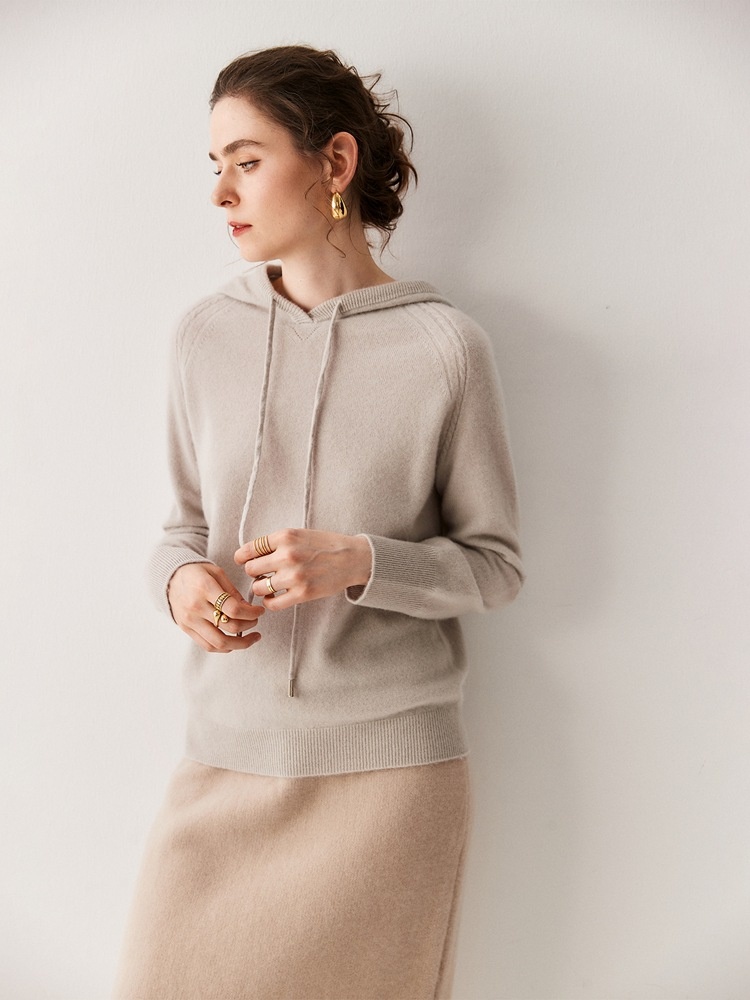 Cashmere Women's Knit Drawstring Hooded Sweater