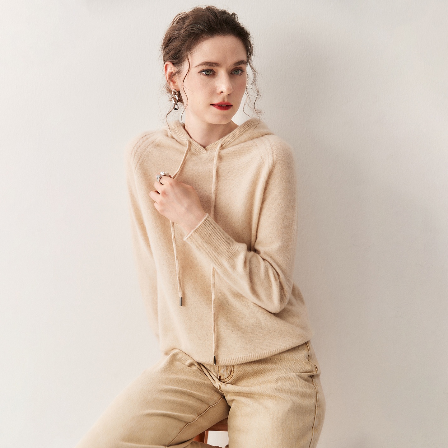 Cashmere Women's Knit Drawstring Hooded Sweater