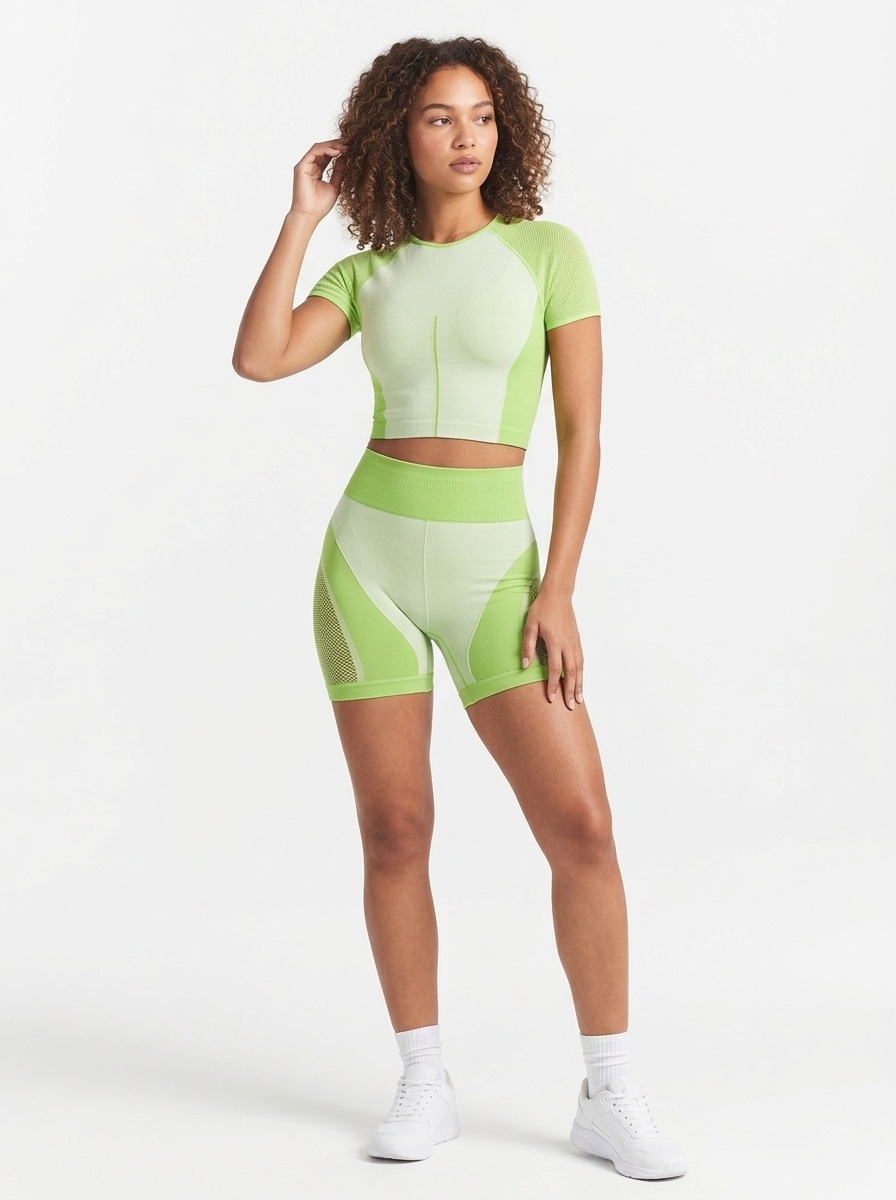 Color-Blocked Slimming Mesh Yoga Set with Quick-Dry T-Shirt and Shorts for Women