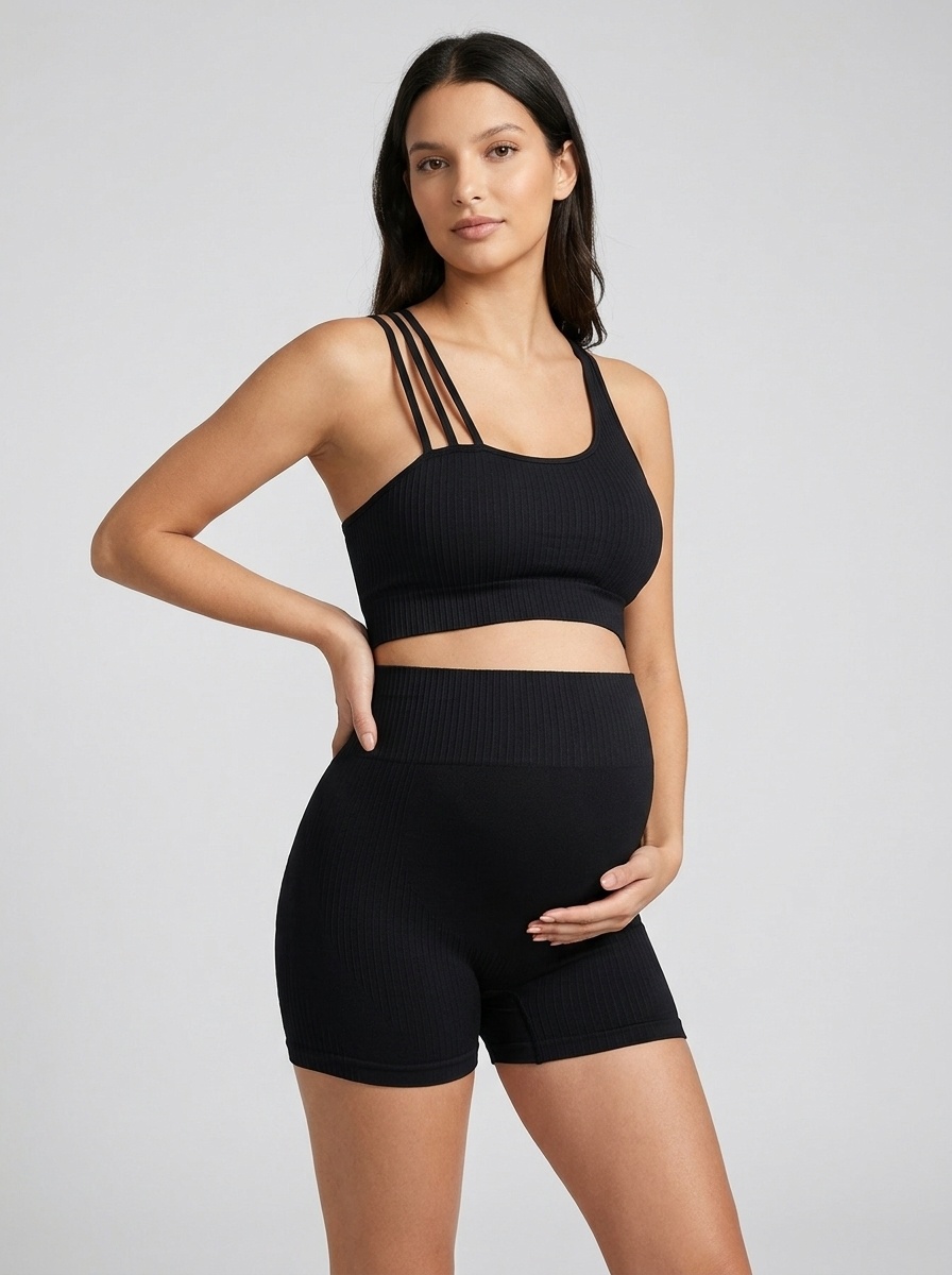 Stylish High-Waisted Slimming Quick-Dry Maternity Activewear Shorts Set for Women