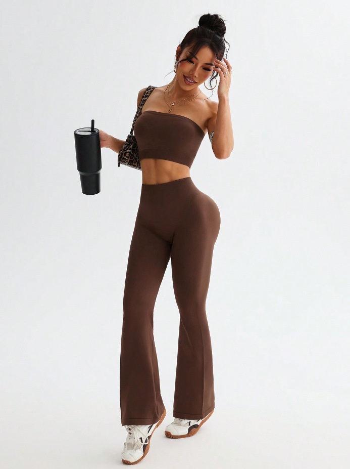 High-Waisted Slimming Yoga Set with Strapless Vest and Flared Leggings for Women (without pads)