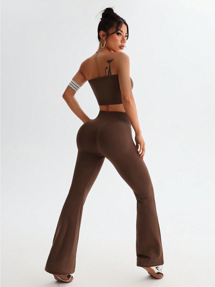 High-Waisted Slimming Yoga Set with Strapless Vest and Flared Leggings for Women (without pads)