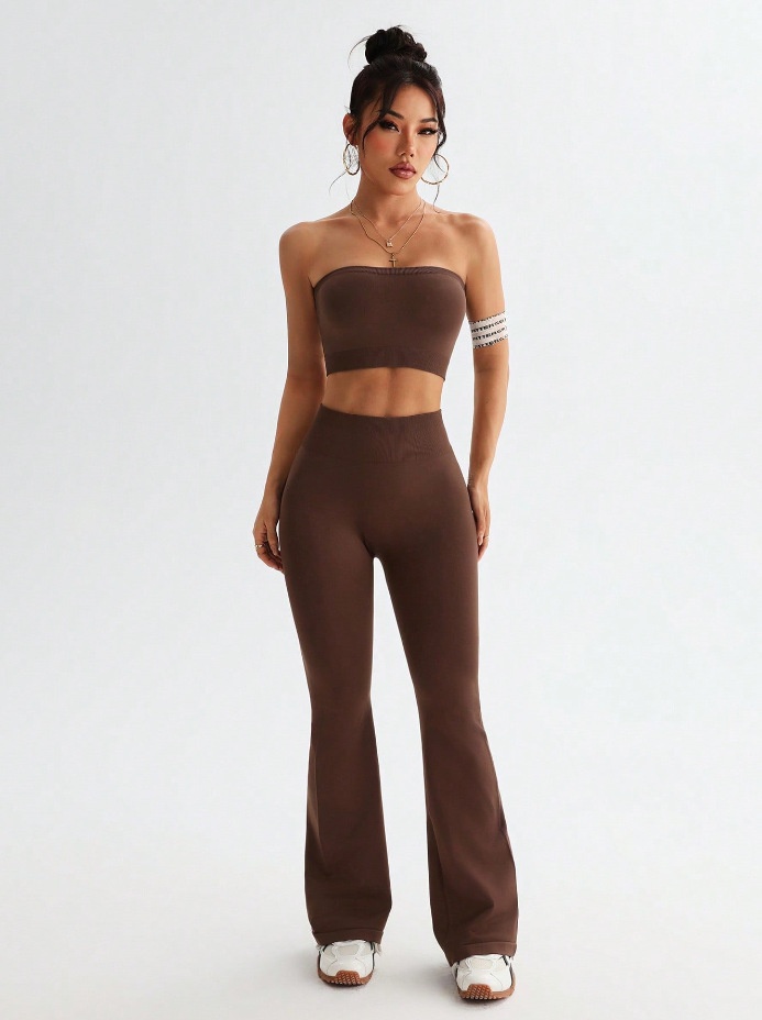 High-Waisted Slimming Yoga Set with Strapless Vest and Flared Leggings for Women (without pads)