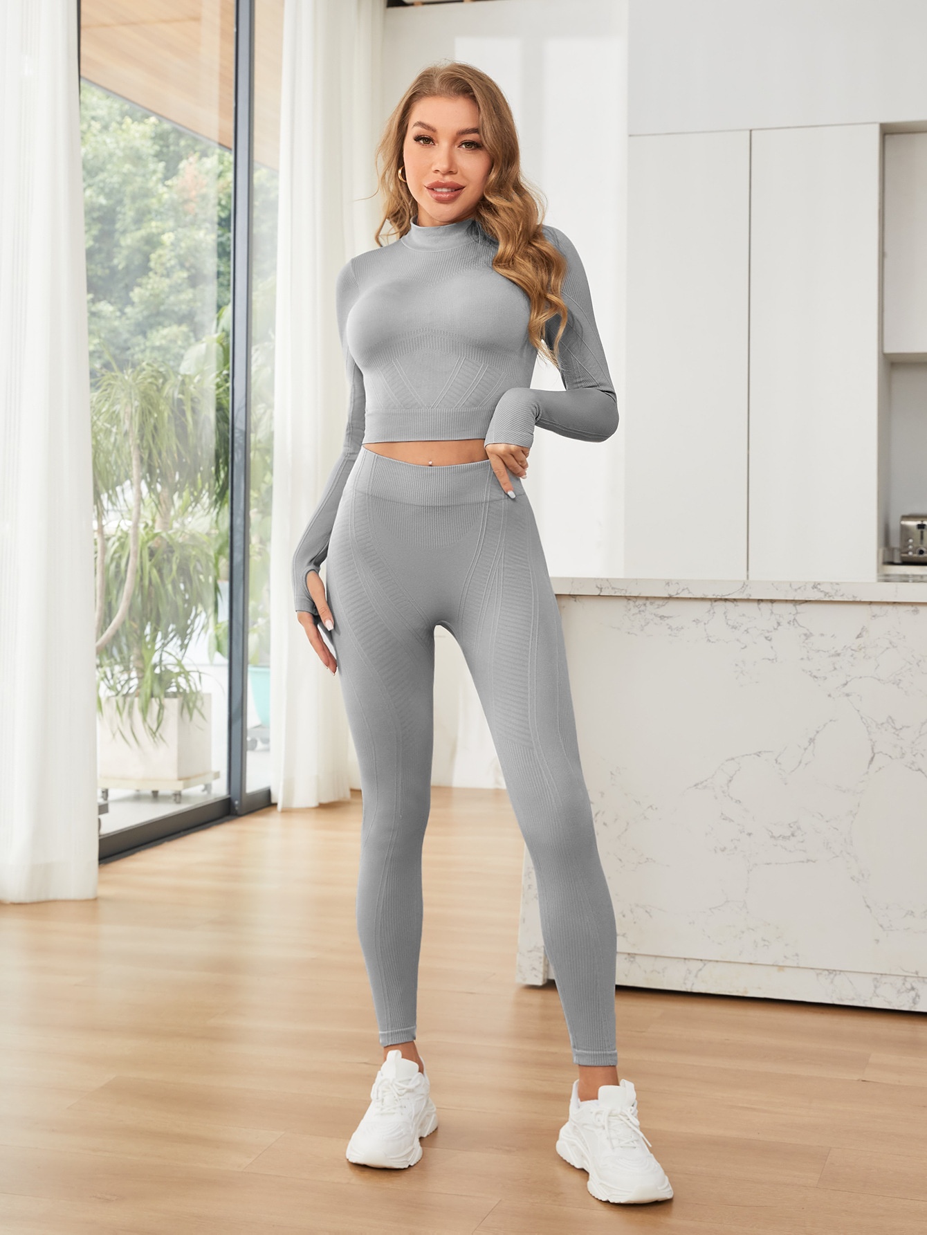 Slimming Quick-Dry Yoga Set for Women with High-Waisted Leggings and Long-Sleeved Top (without pads)
