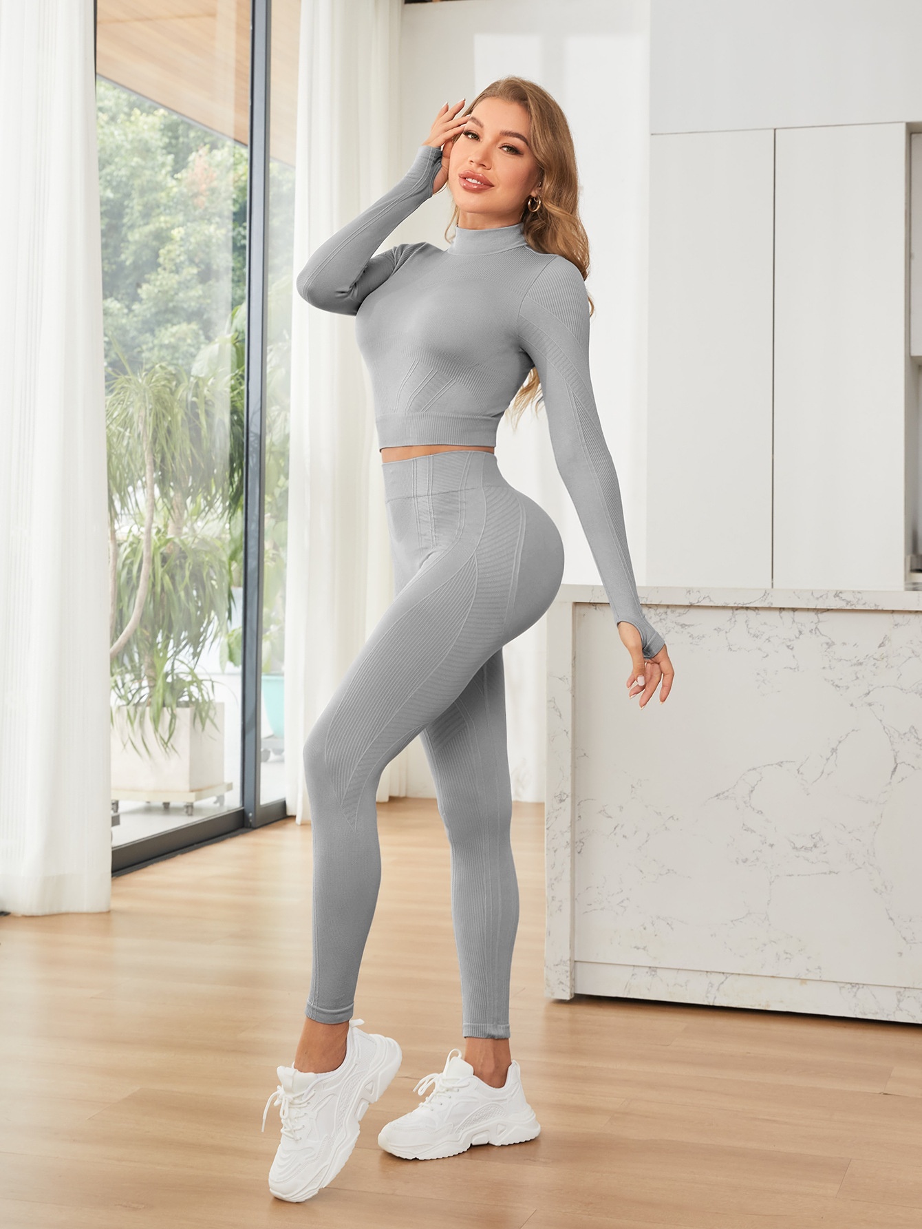 Slimming Quick-Dry Yoga Set for Women with High-Waisted Leggings and Long-Sleeved Top (without pads)