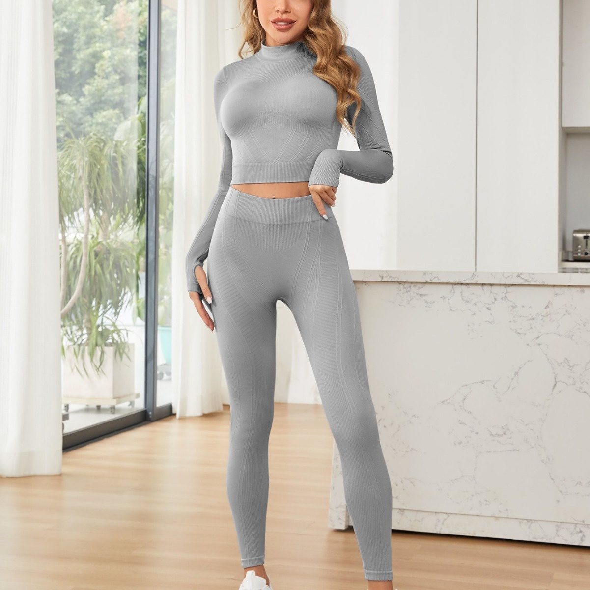 Slimming Quick-Dry Yoga Set for Women with High-Waisted Leggings and Long-Sleeved Top (without pads)