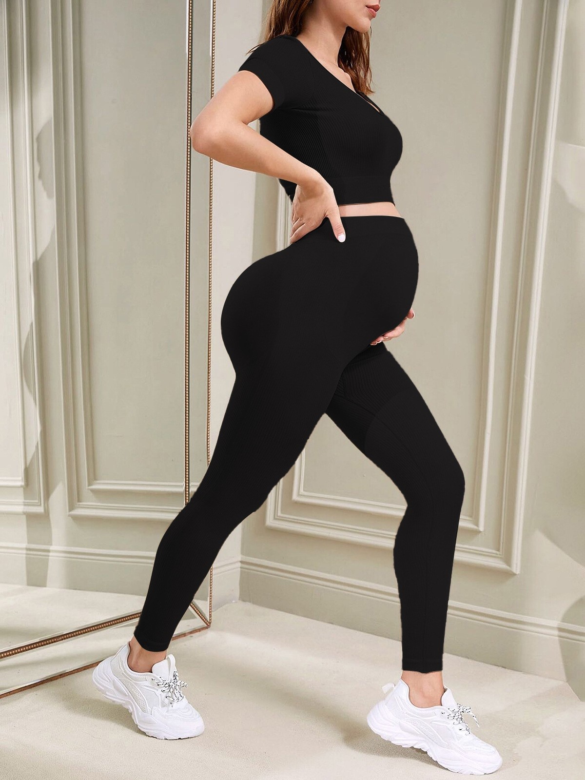 High-Waisted Slimming Quick-Dry Maternity Yoga Leggings Set with Belly Support for Women