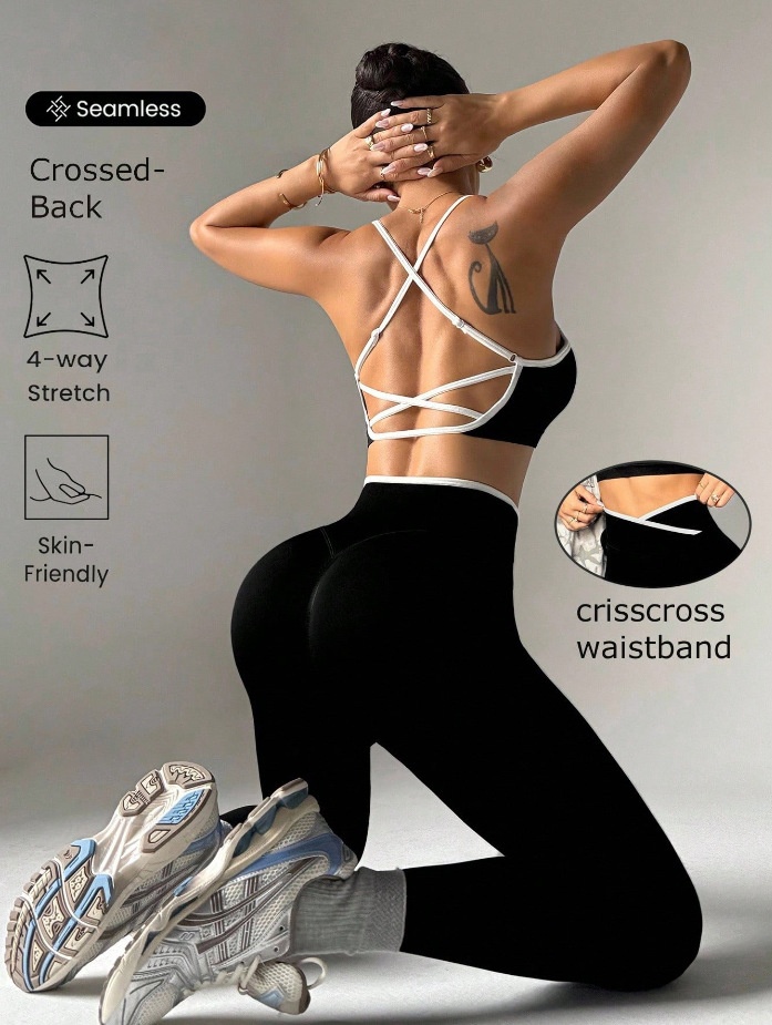 V-Waisted Slimming Quick-Dry Leggings Set with Sexy Cross-Back Bra for Women