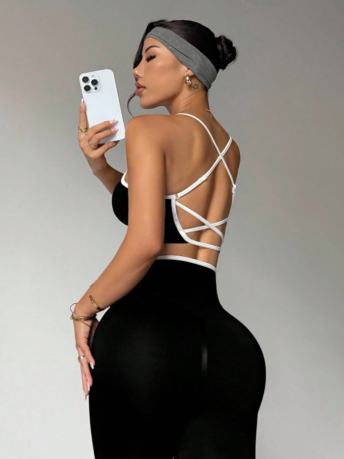 V-Waisted Slimming Quick-Dry Leggings Set with Sexy Cross-Back Bra for Women