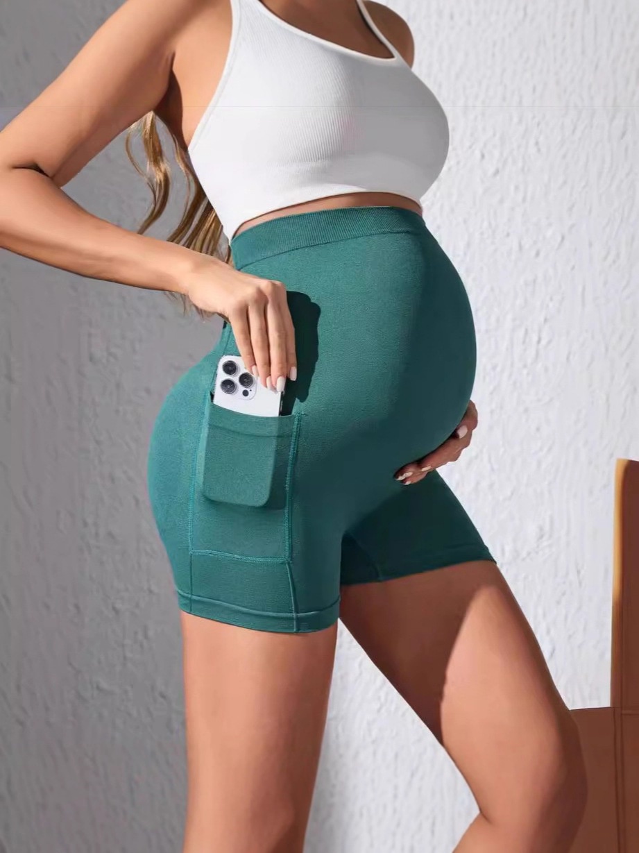 Slimming High-Waisted Quick-Dry Maternity Yoga Shorts with Pockets for Women
