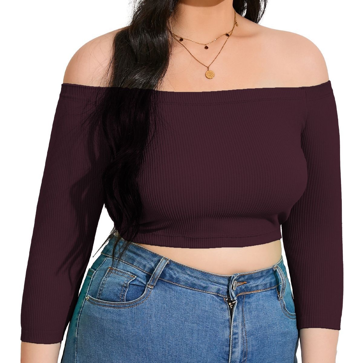 Sexy Off-Shoulder Slimming Mid-Sleeve Knit T-Shirt for Women