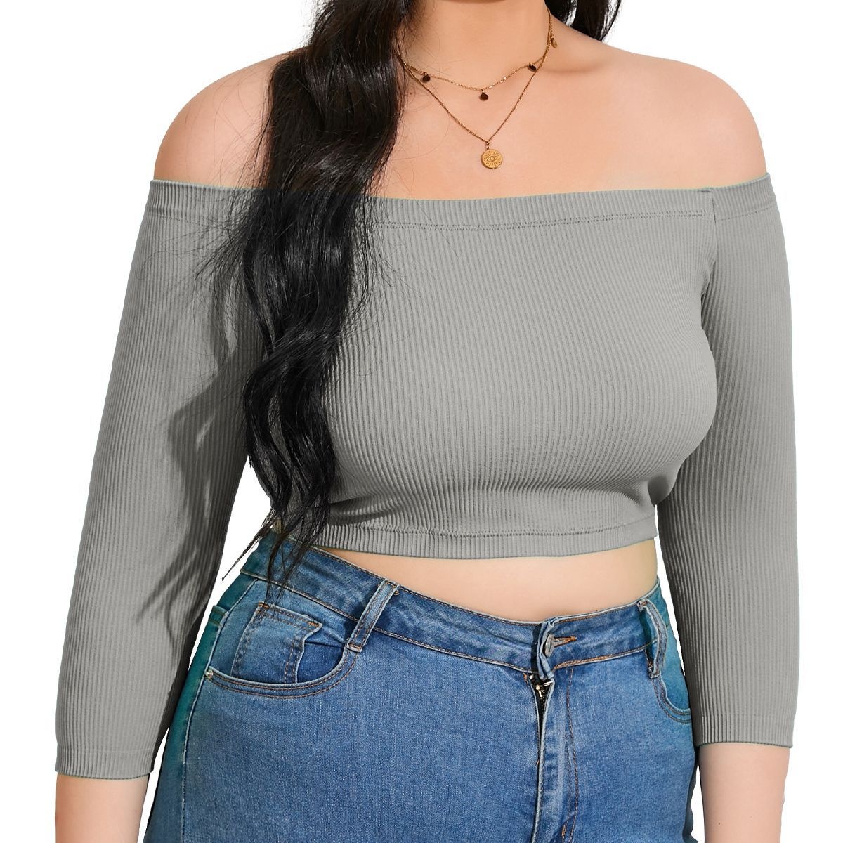 Sexy Off-Shoulder Slimming Mid-Sleeve Knit T-Shirt for Women