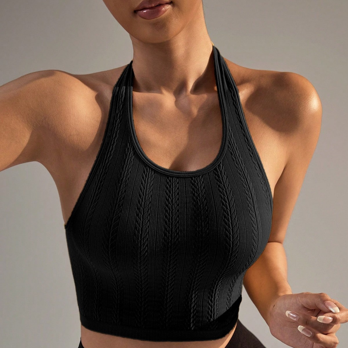 Ribbed Halter Neck Quick-Dry Slimming Yoga Vest for Women (without pads)