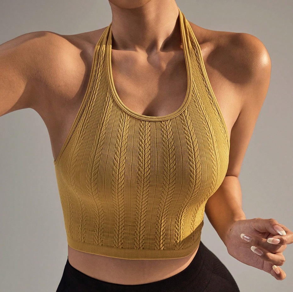 Ribbed Halter Neck Quick-Dry Slimming Yoga Vest for Women (without pads)