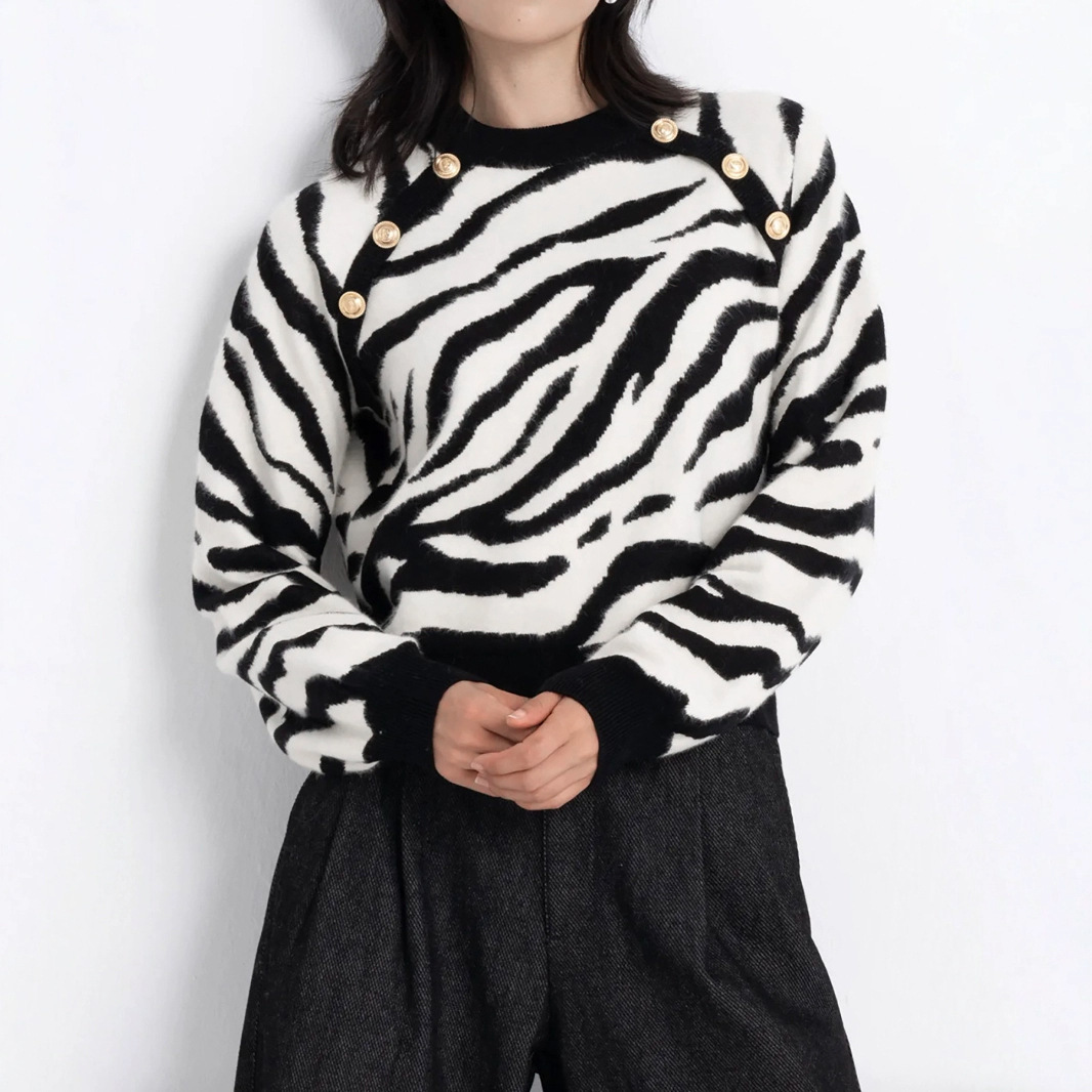 Women's Zebra Print Crew Neck Long Sleeve Sweater SSU-00062