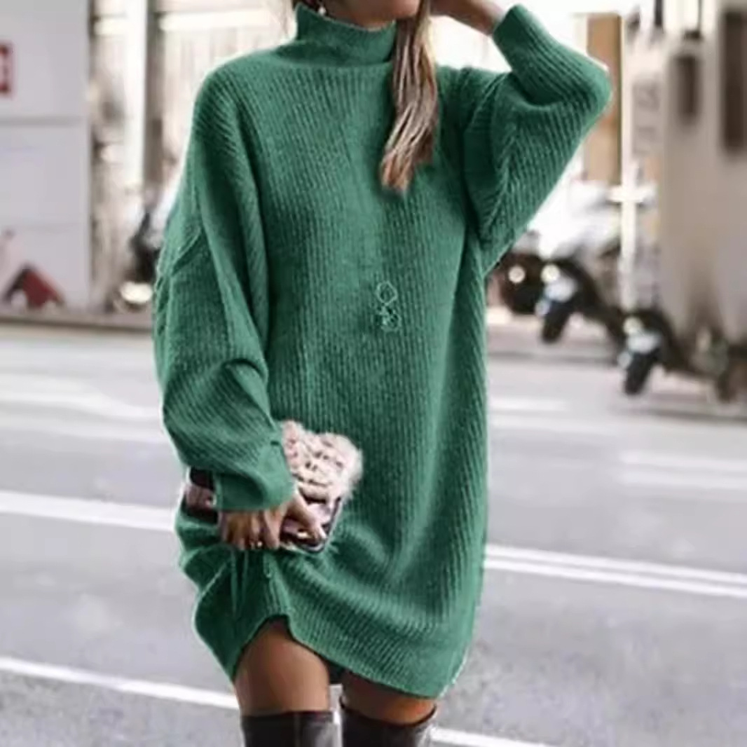 Knit Long Sleeve Turtleneck Dress - Autumn Winter