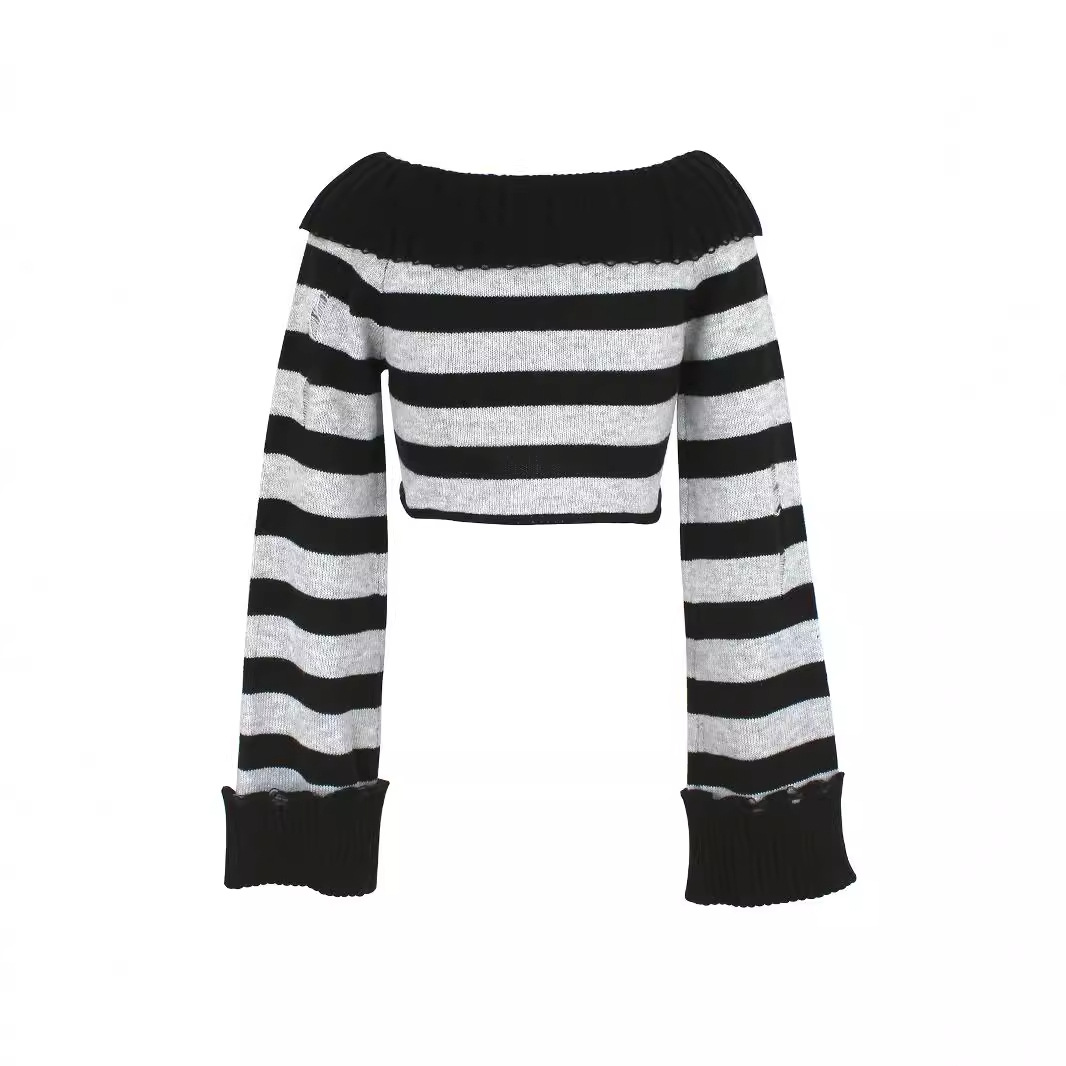 Striped Off-Shoulder Knit Top Long Sleeve Pullover Sweater SSU-00035