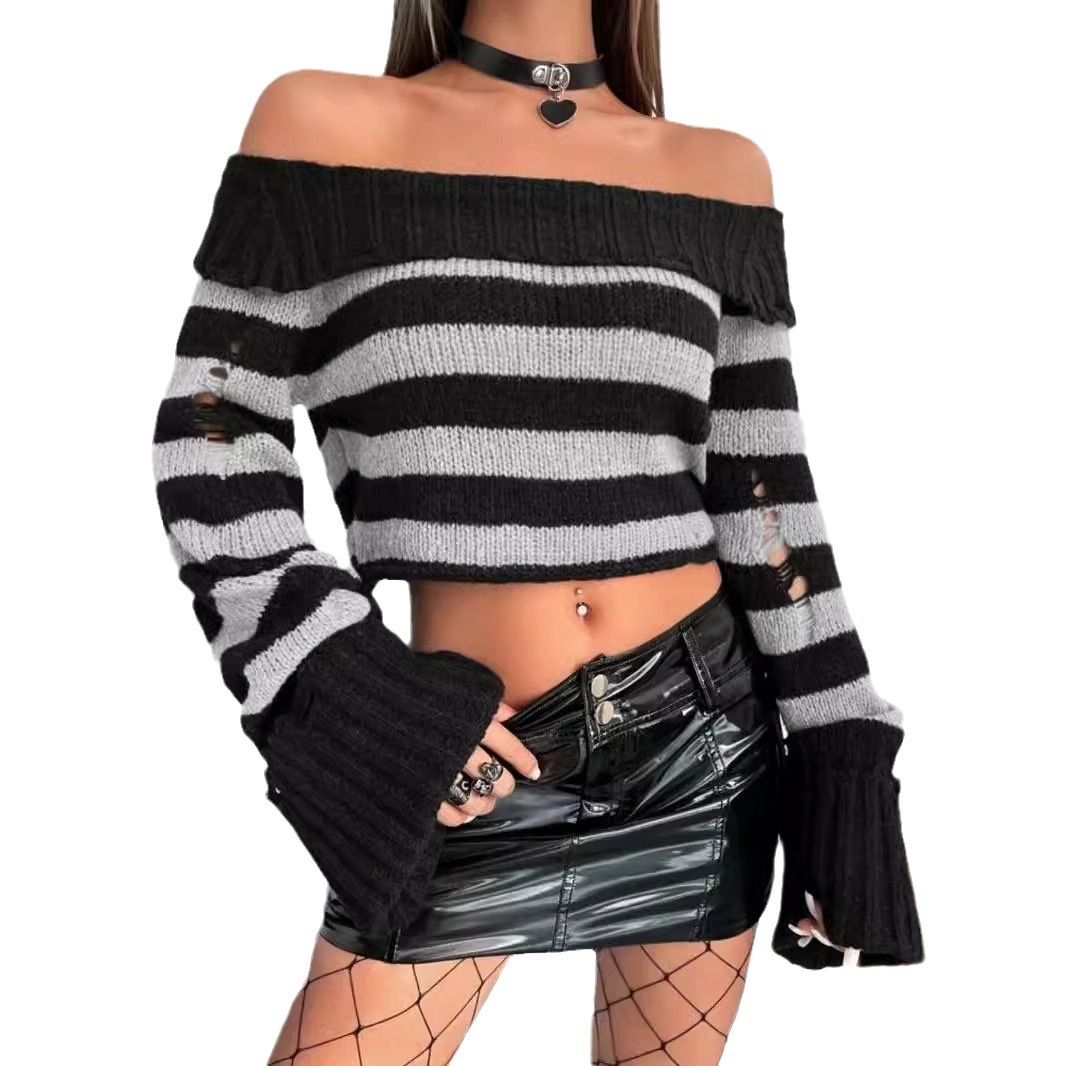 Striped Off-Shoulder Knit Top Long Sleeve Pullover Sweater SSU-00035