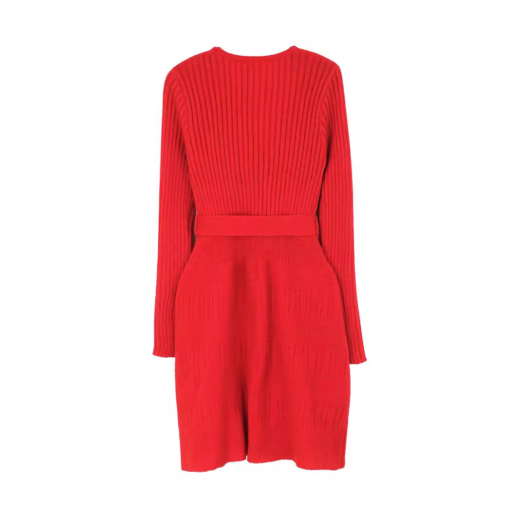 Knit Bodycon Dress Low V-Neck Long Sleeve Tie Waist