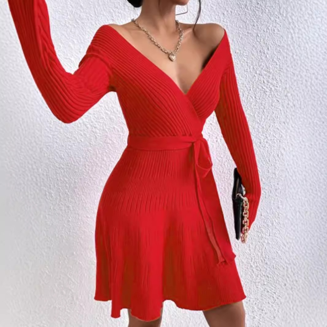 Knit Bodycon Dress Low V-Neck Long Sleeve Tie Waist