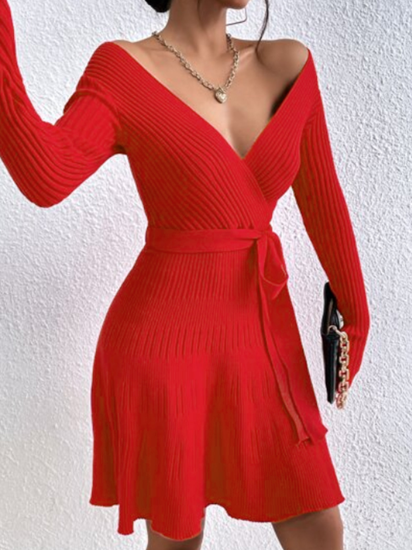 Knit Bodycon Dress Low V-Neck Long Sleeve Tie Waist