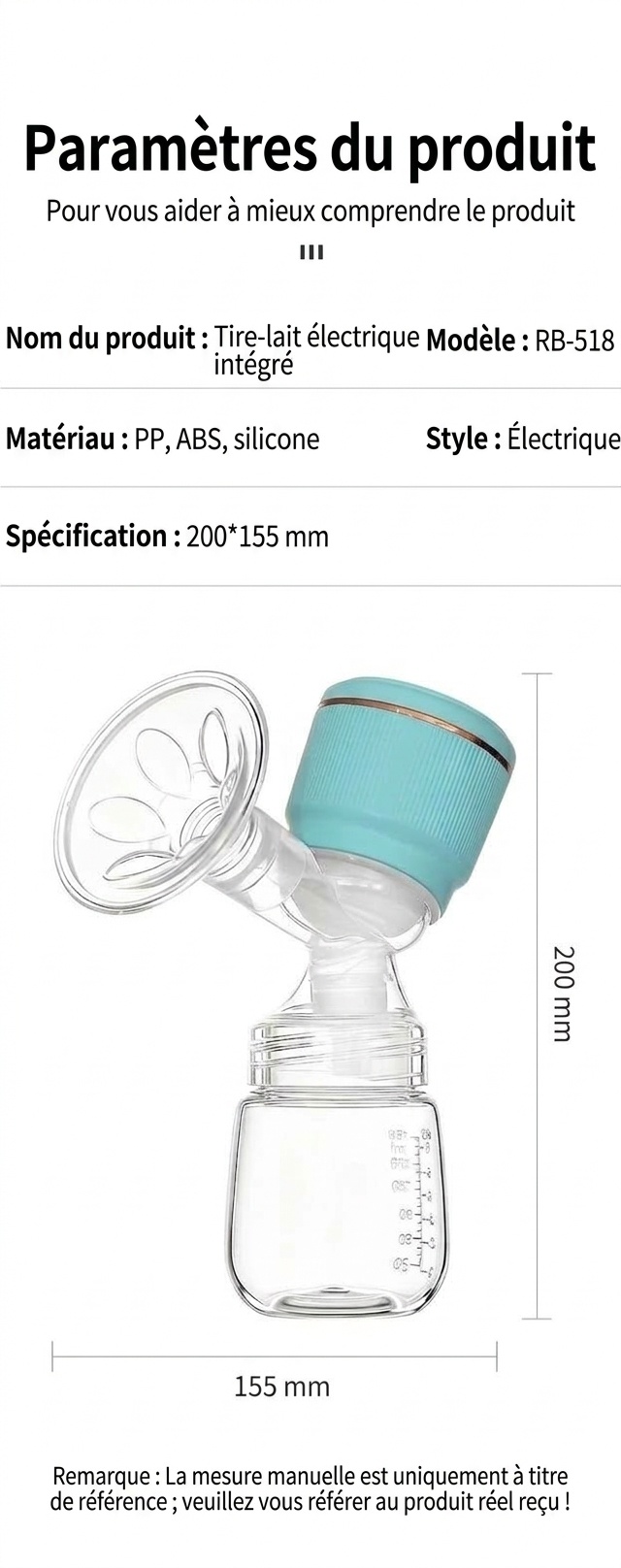 Tire-lait électrique portable sans fil - 27 niveaux d'aspiration réglables, matériau PP de qualité alimentaire sans BPA pour les mamans allaitantes