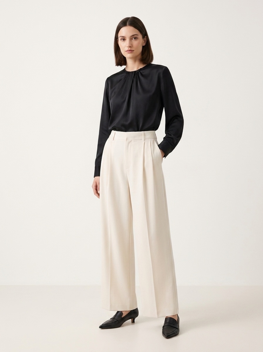 Eleganti pantaloni a gamba larga con pieghe - color bianco sporco