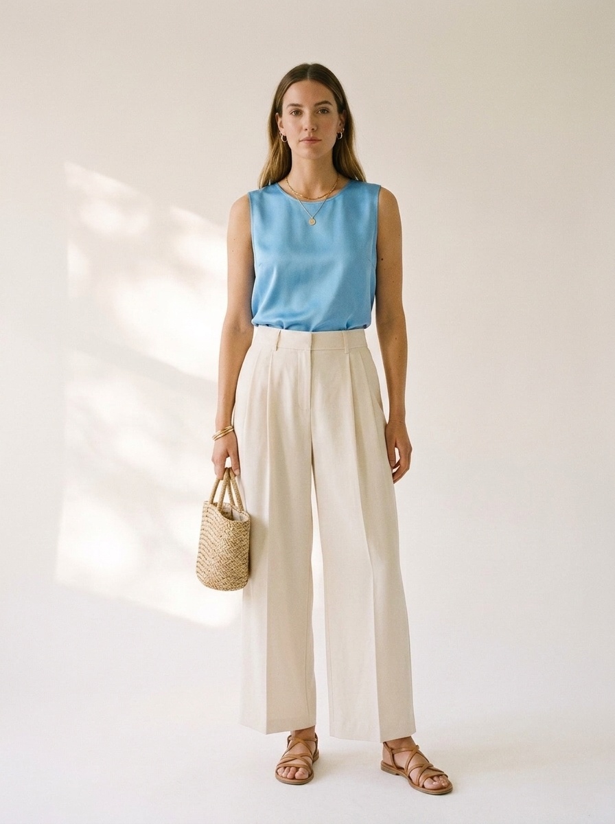 Eleganti pantaloni a gamba larga con pieghe - color bianco sporco