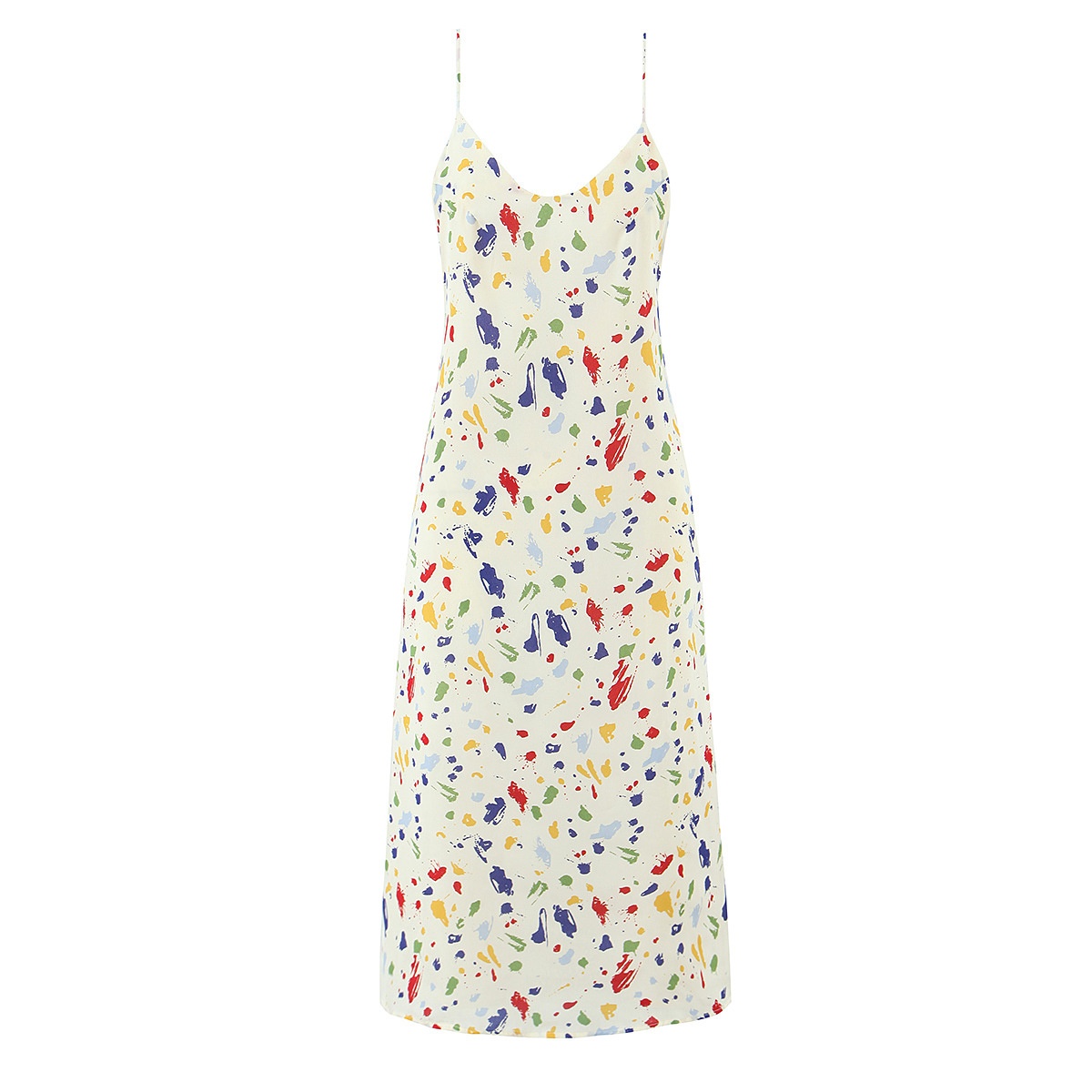 Elegante abito sottoveste midi con stampa astratta e laccetti sul retro.
