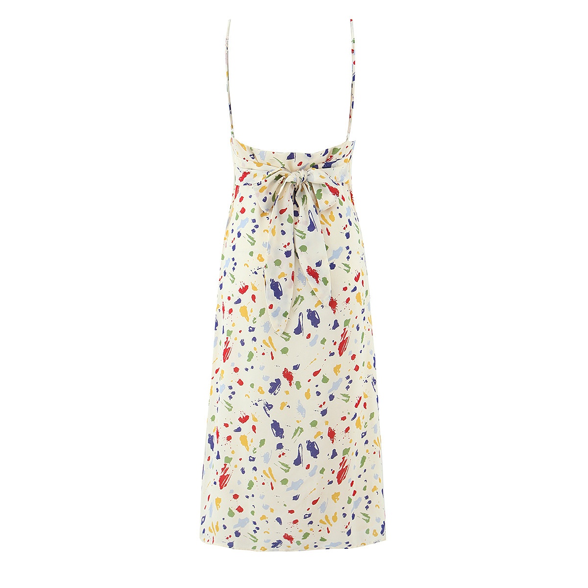Elegante abito sottoveste midi con stampa astratta e laccetti sul retro.