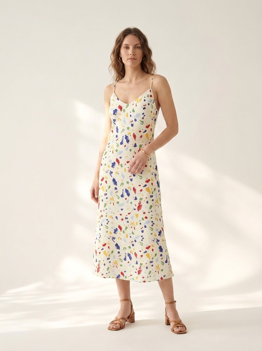 Elegante abito sottoveste midi con stampa astratta e laccetti sul retro.