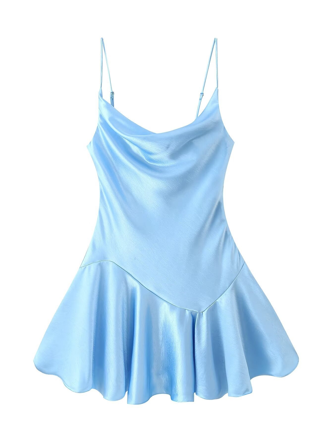 Mini abito in raso azzurro con scollo a cascata - Elegante abito sottoveste